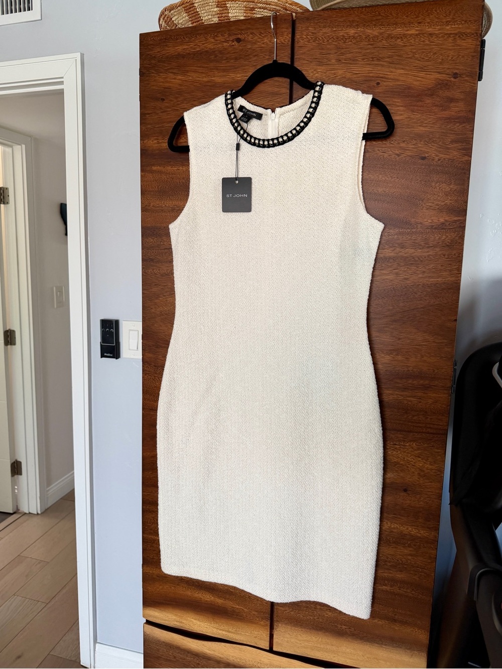 St. John Cream Midi Sheath Dress with Beaded Neckline - Size 10, New With Tags